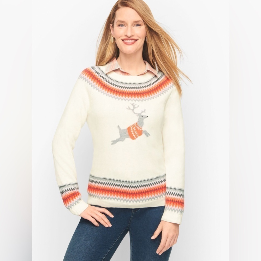 Talbots Deer Fair Isle Novelty Holiday Sweater Cream + Grey size L - Picture 2 of 5